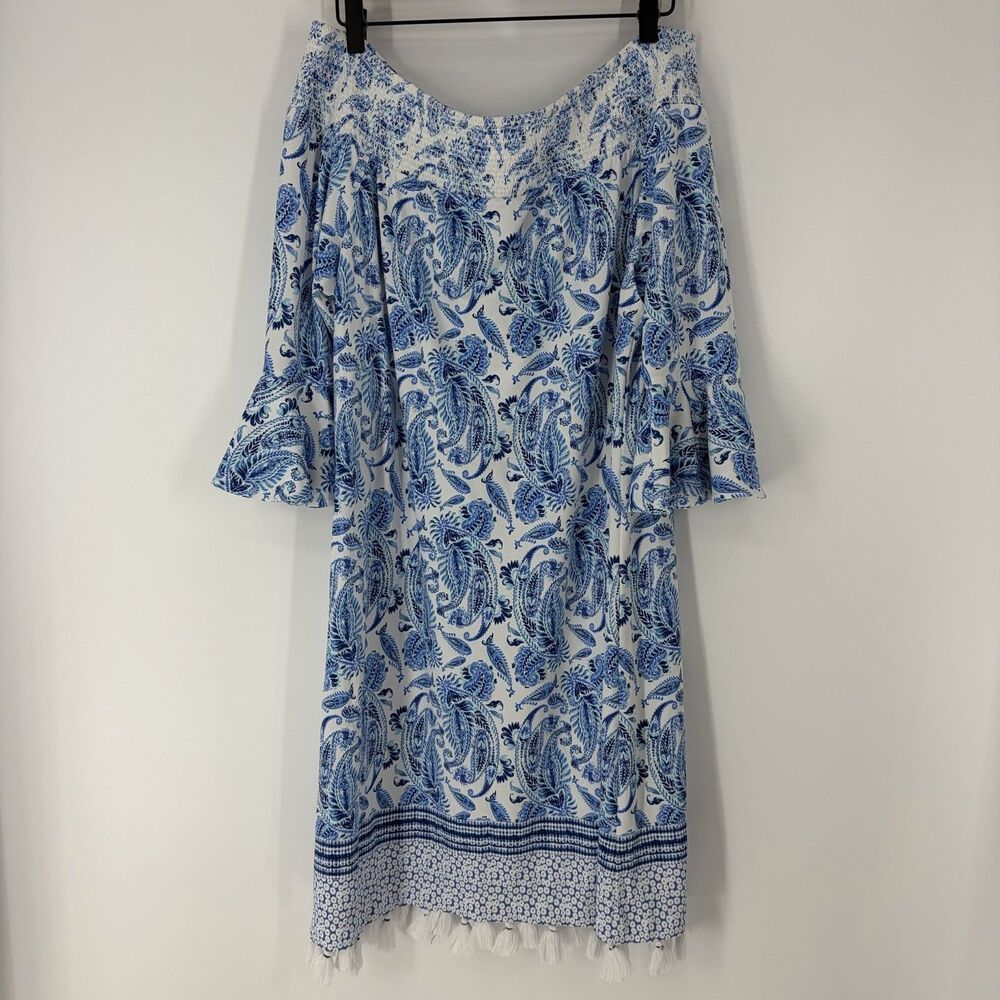 Cabana Life Smocked Dress Size XL Blue White Print Coastal Cottage Cover UPF 50+